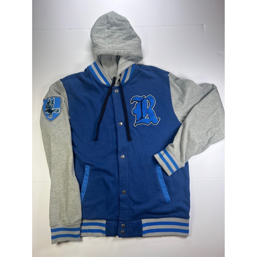 Harry Potter Varsity Jacket Mens Large Blue Ravenclaw Hogwarts Hooded Snap Front